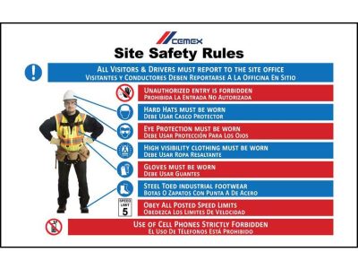 CS_008_CEMEX_Site_Safety_60x36_EnglishSpanish Site safety rules sign with icons for required PPE and site rules, printed by Carroll Printing & Promotions