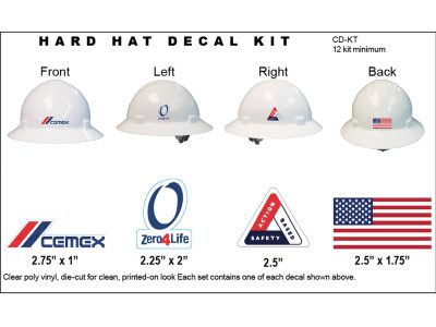 CD-KT_HardHatDecalKit Hard hat decal kit showing front, side and back decal placement, printed by Carroll Printing & Promotions
