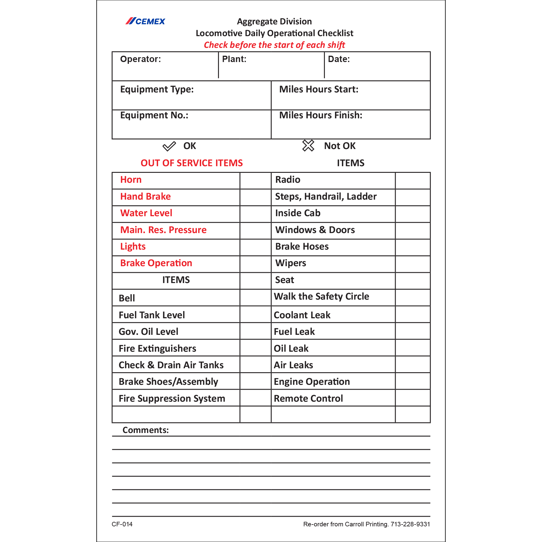 CF-014 Cemex Locomotive Daily Checklist